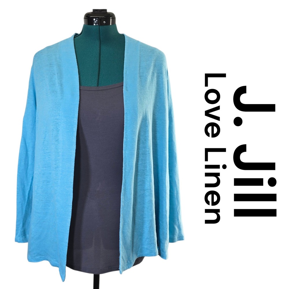 J.‎ Jill Love Linen Open Front Long Sleeve Cardigan Sweater Blue Size M